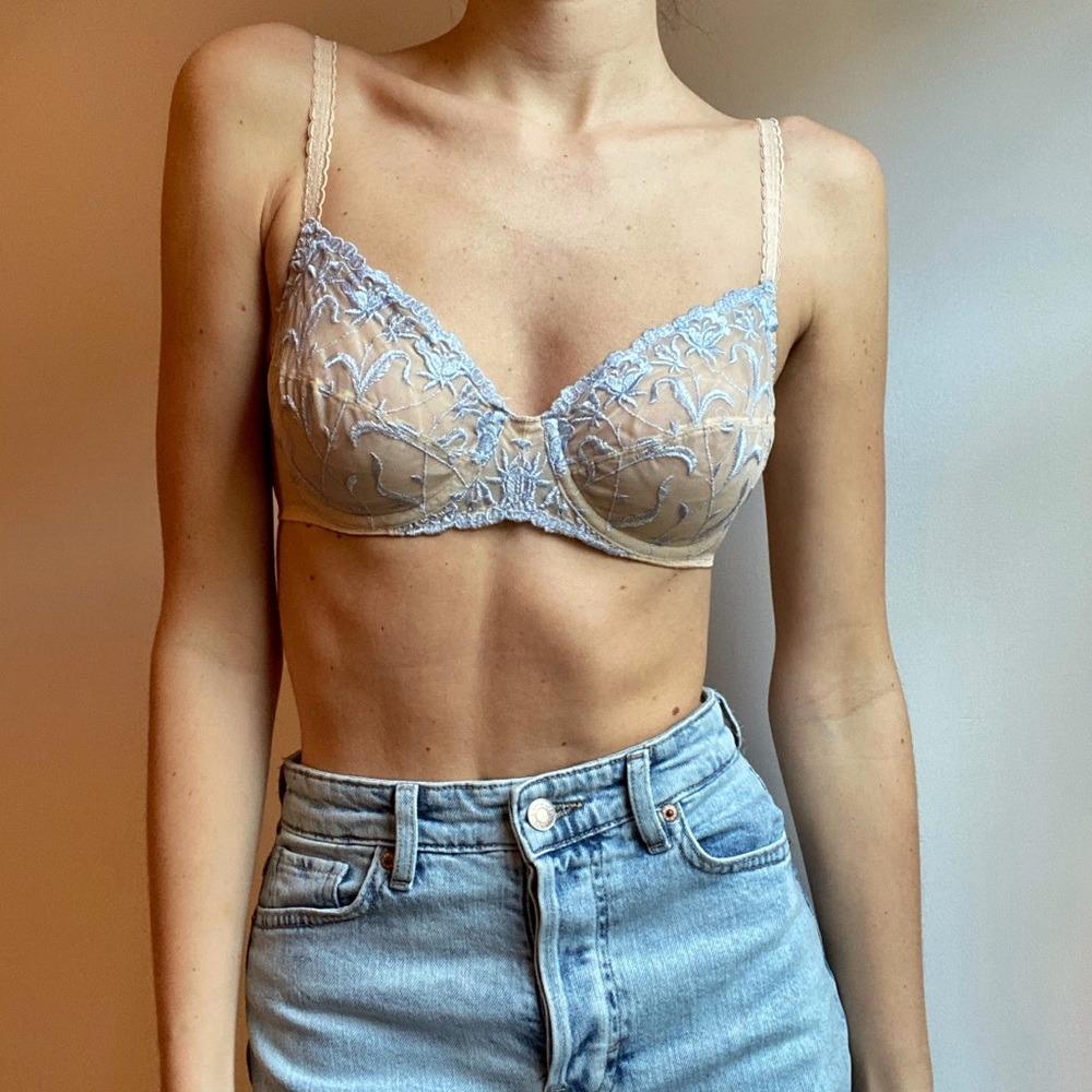 sheer nude bra w/ light blue floral detail.